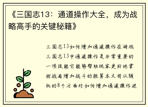《三国志13：通道操作大全，成为战略高手的关键秘籍》